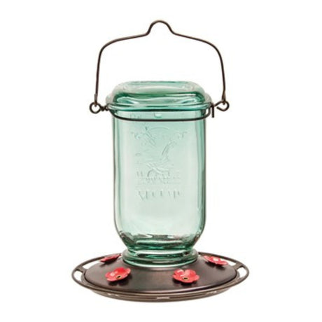 Front view of Classic Brands Mason Jar Glass Hummingbird Feeder on white background