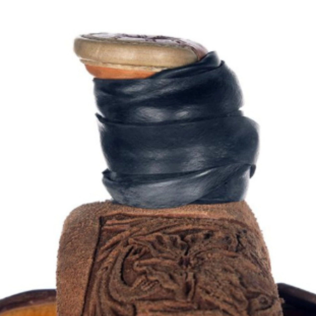 Classic Horse Accessories Roper Black Dally Wrap being used on a saddle during roping