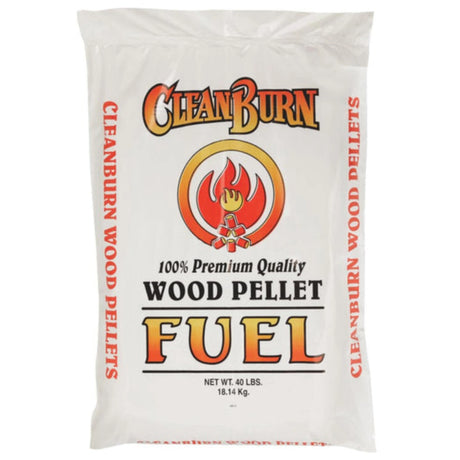 Front view of Clean Burn Premium Wood Fiber Fuel Wood Pellet 40lb Bag on a white background