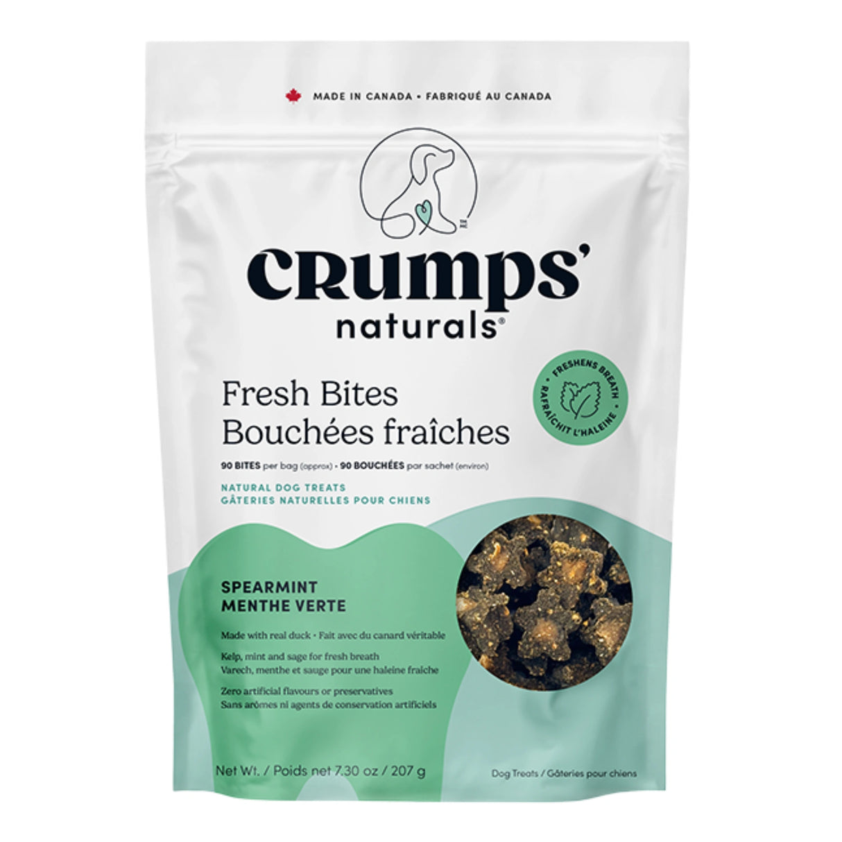 Front view of Crumps' Naturals Fresh Bites Spearmint Dog Treats on white background