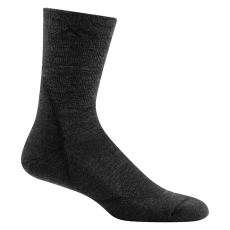 Close-up of Darn Tough Men's Light Hiker Micro Crew Lightweight Hiking Socks in Black on a white background