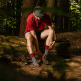 Darn Tough Men’s Hiking Socks micro crew midweight worn on a trail in the outdoors of Kamloops, British Columbia
