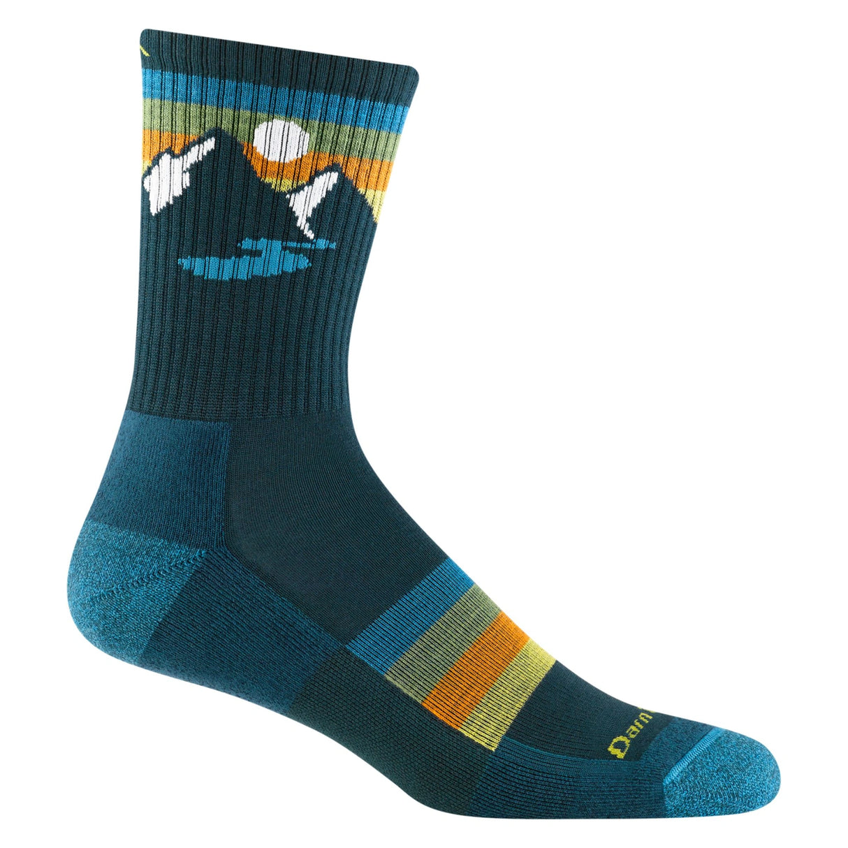 Close-up view of Darn Tough Men's Sunset Ridge Micro Crew Lightweight Hiking Socks in Bottle on a white background