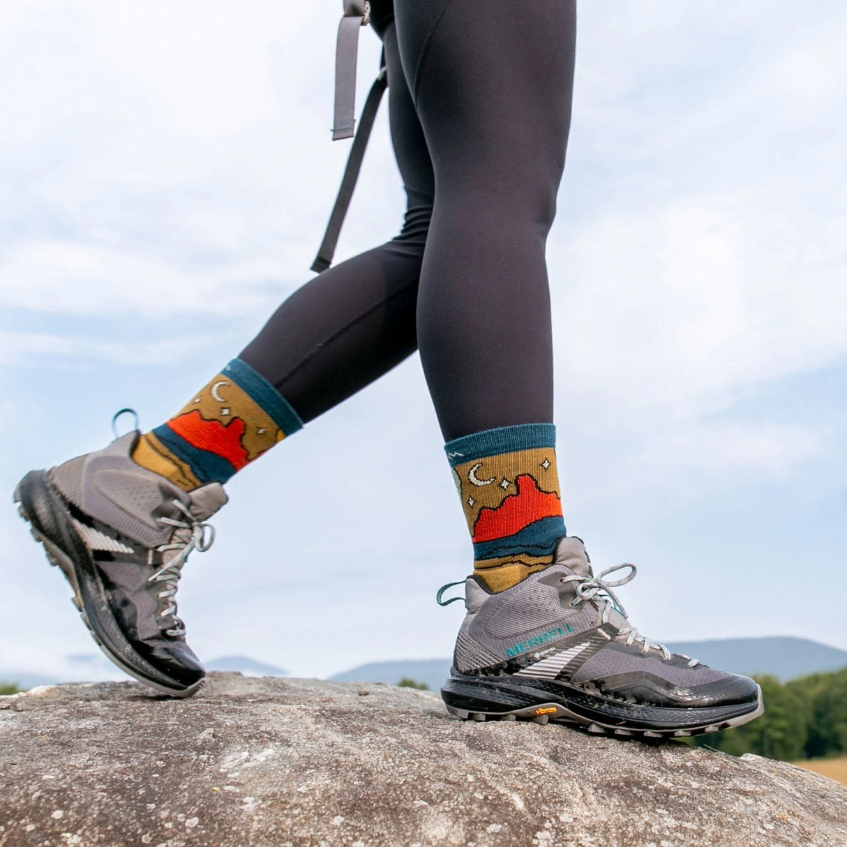 Darn Tough Women’s Celeste Micro Crew Midweight Hiking Socks being worn outdoors on hiking trails in Kamloops, British Columbia
