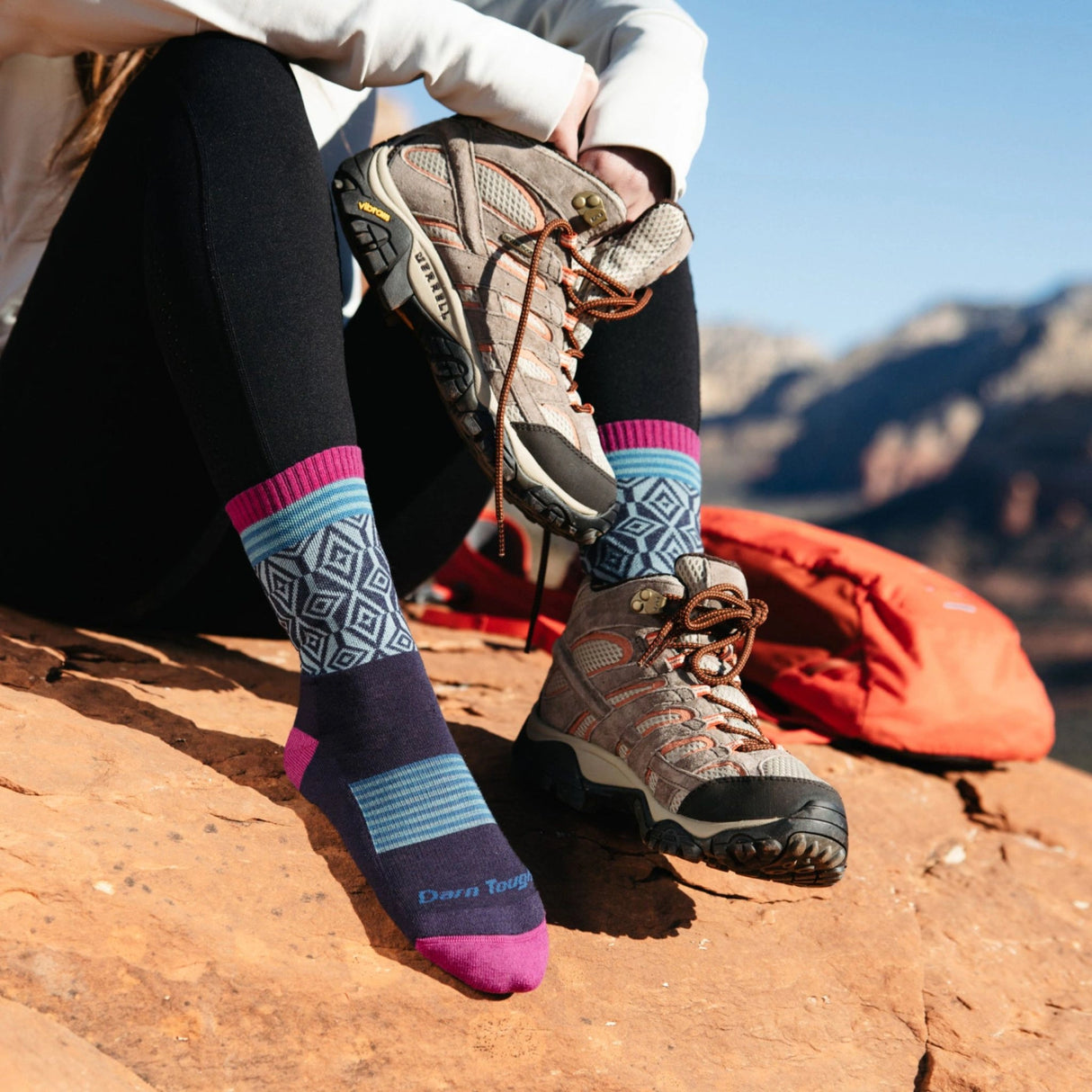 Darn Tough Women's Sobo Micro Crew Lightweight Hiking Socks being worn outdoors in Kamloops British Columbia trail hike