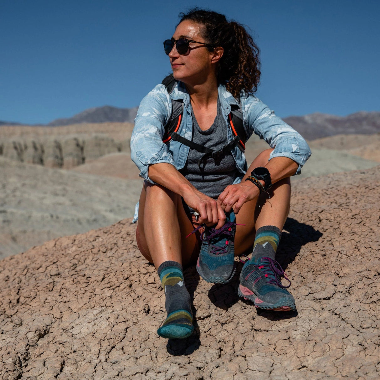 Darn Tough women’s Sunset Ledge Micro Crew lightweight hiking socks being worn on outdoor trails in Kamloops British Columbia