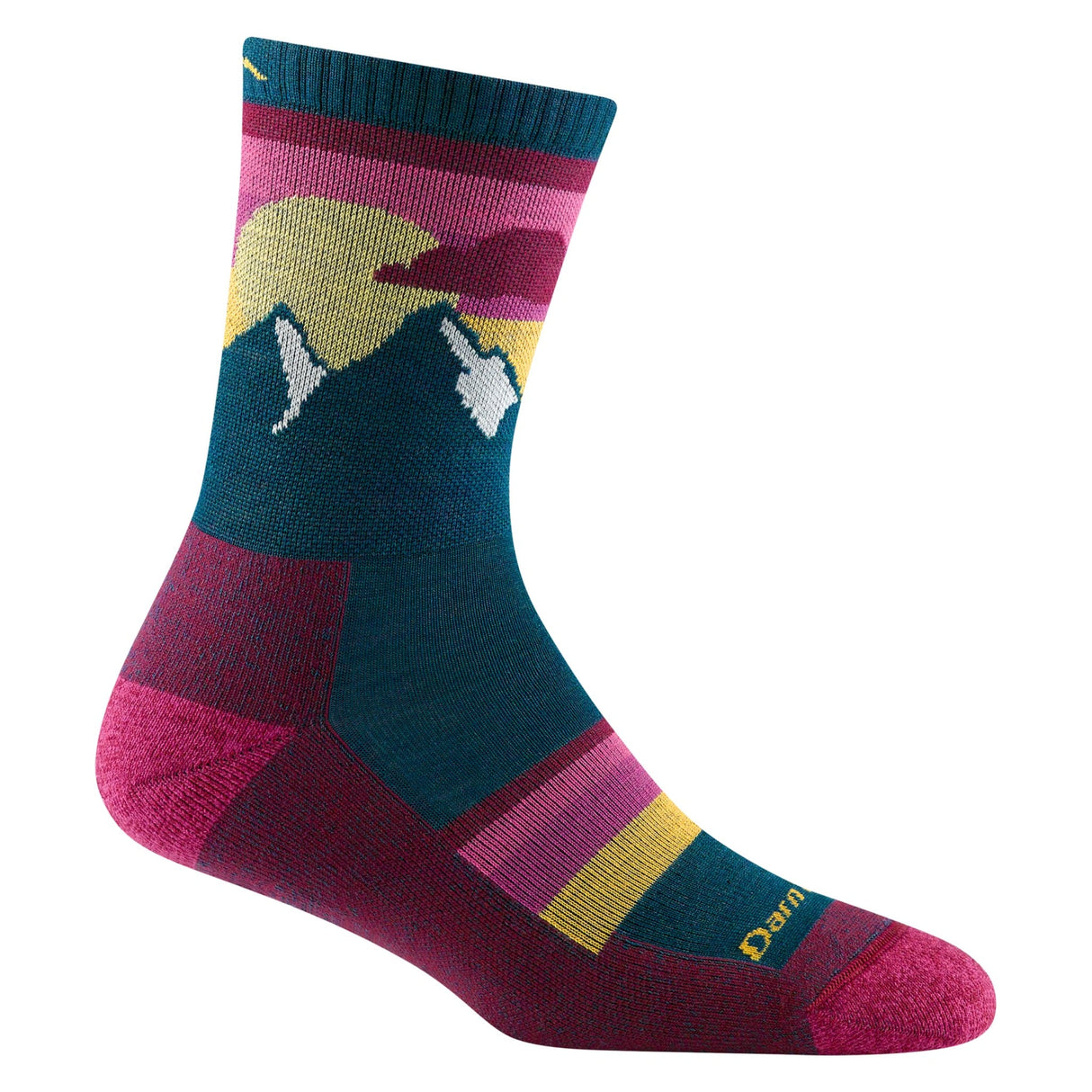 Close-up view of Darn Tough women’s Sunset Ledge Micro Crew lightweight Merino wool hiking socks in Dark Teal on a white background