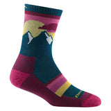 Close-up view of Darn Tough women’s Sunset Ledge Micro Crew lightweight Merino wool hiking socks in Dark Teal on a white background