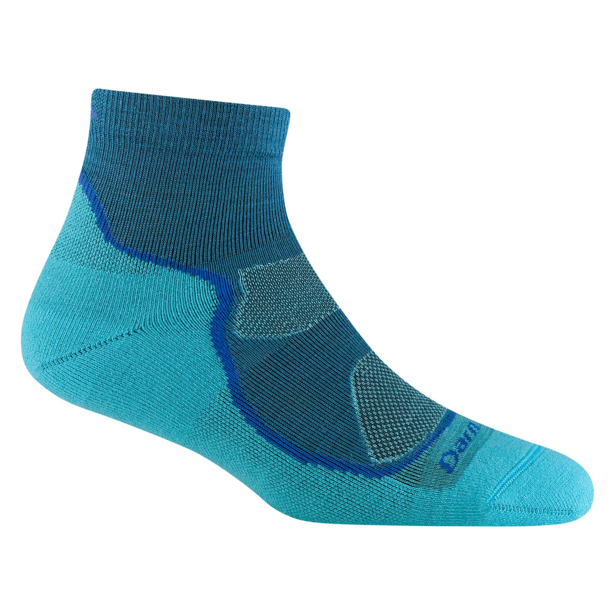 Close-up view of Darn Tough Women's Light Hiker Quarter Lightweight Hiking Socks in Cascade on a white background