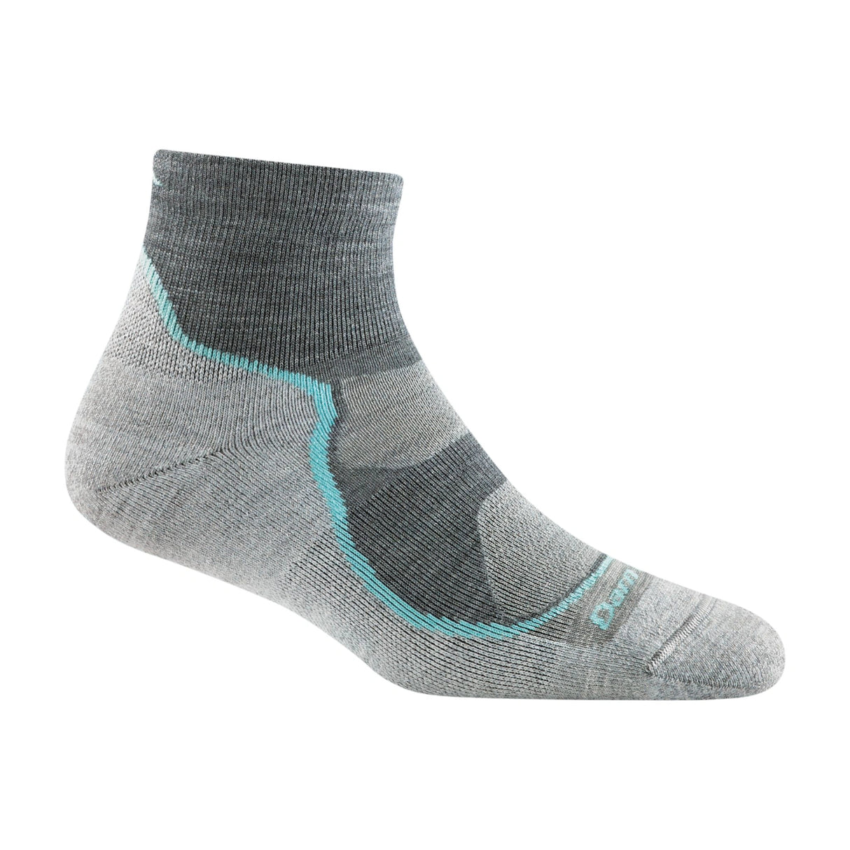 Close-up view of Darn Tough Women's Light Hiker Quarter Lightweight Hiking Socks in Slate on a white background