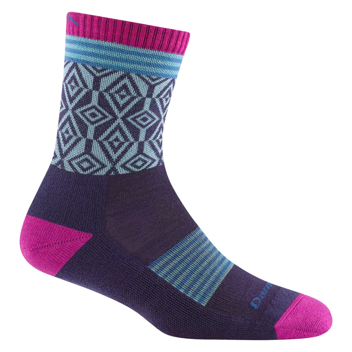 Close-up of Darn Tough Women's Sobo Micro Crew Lightweight Hiking Socks in Blackberry on a white background