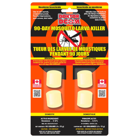 Front view of Doktor Doom Mosquito Control Briquettes 90-Day Larva Killer 4 x 14g on a white background