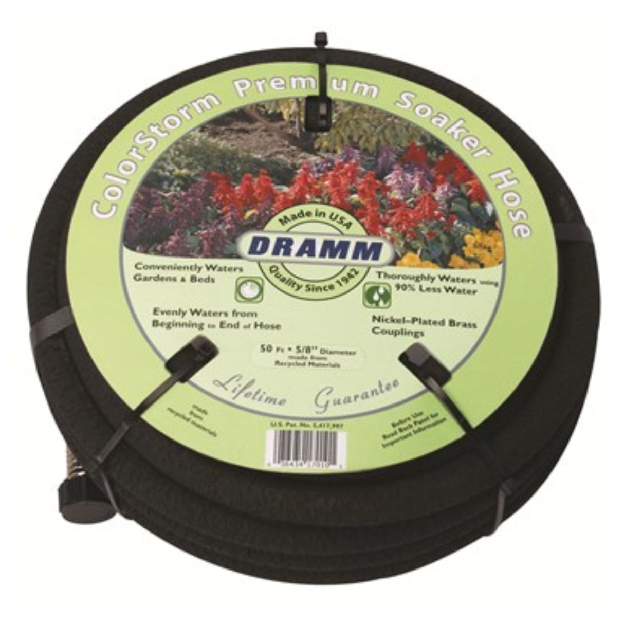 Front view of Dramm ColorStorm Premium Soaker Hose 50ft Garden Hose neatly coiled on a clean white background.