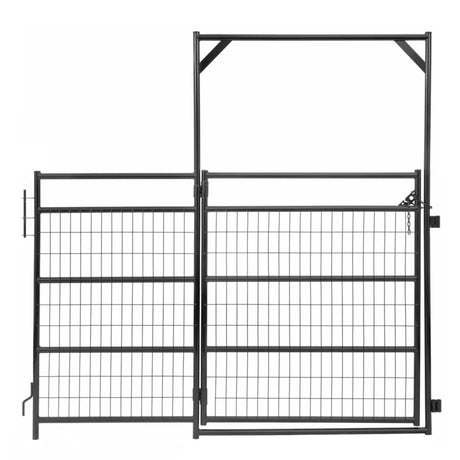 Front view of Edge Line medium duty fence panel with gate on a white background