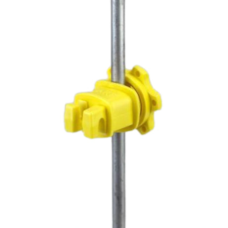 Close-up of Patriot Electric Fence Insulators Round Post Screw-Type installed on a round post