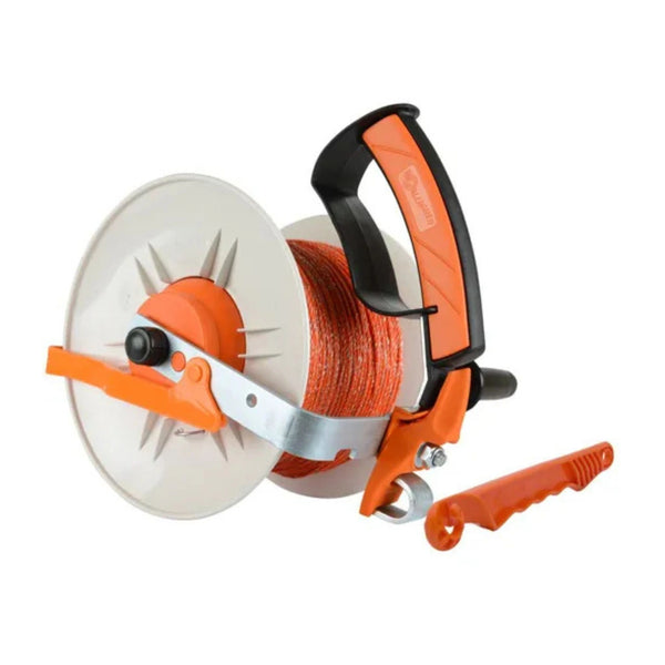 A front side view of Gallagher Electric Fencing Geared Reel with 400m Orange Turbo Wire on a white background