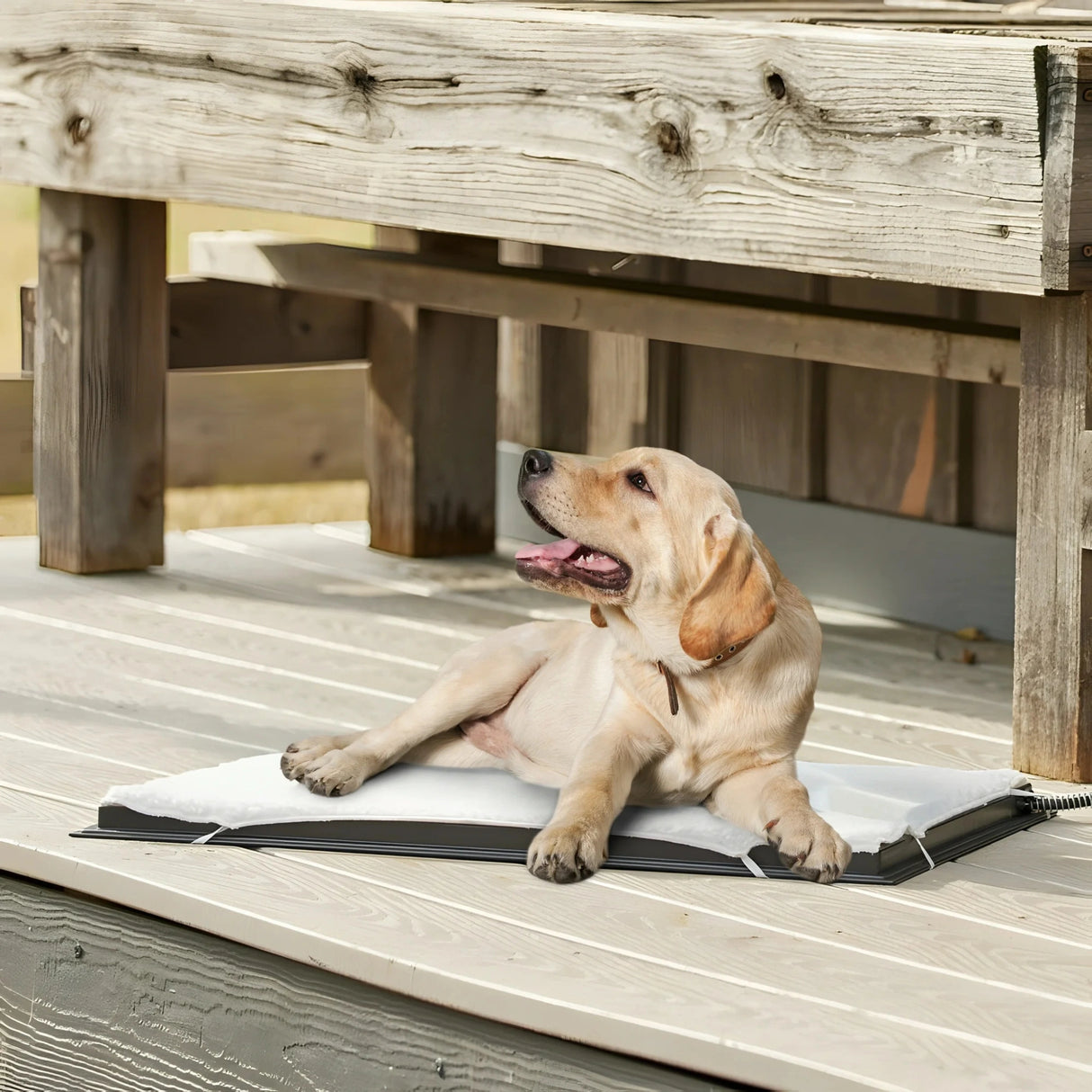 Farm Innovators Heated Pet Mat in use outdoors in Kamloops, British Columbia, providing pets with gentle, consistent warmth even in cold weather conditions