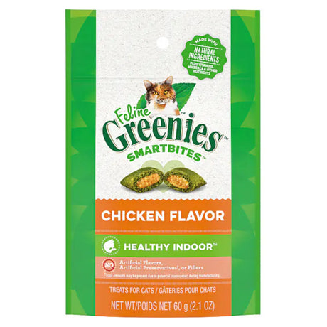 Front view of Feline Greenies SmartBites Healthy Chicken Cat Treats on a white background