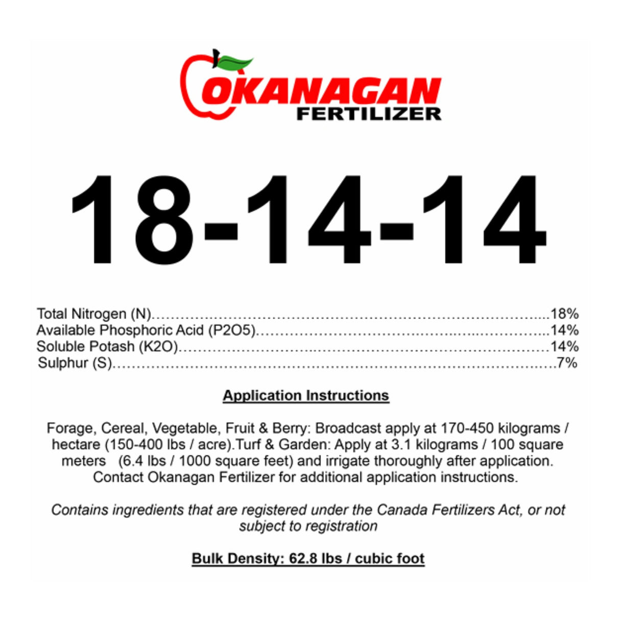 A close-up view of Okanagan Fertilizer 18-14-14 25kg Fertilizer Label