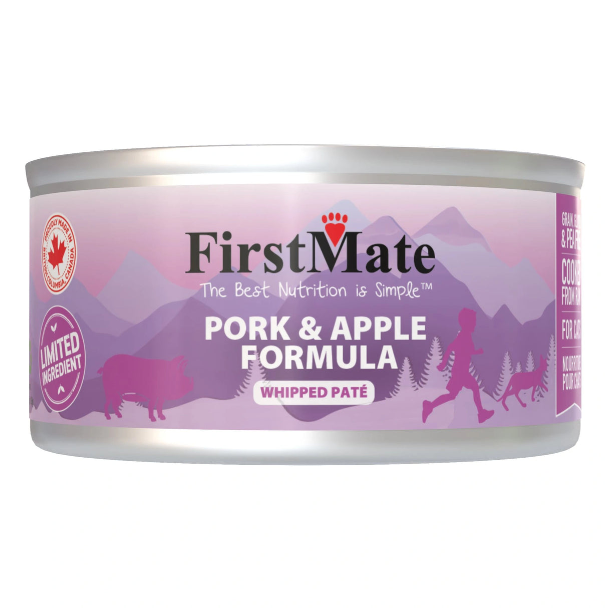 Front view of First Mate Pork and Apple Formula Cat Food on a white background