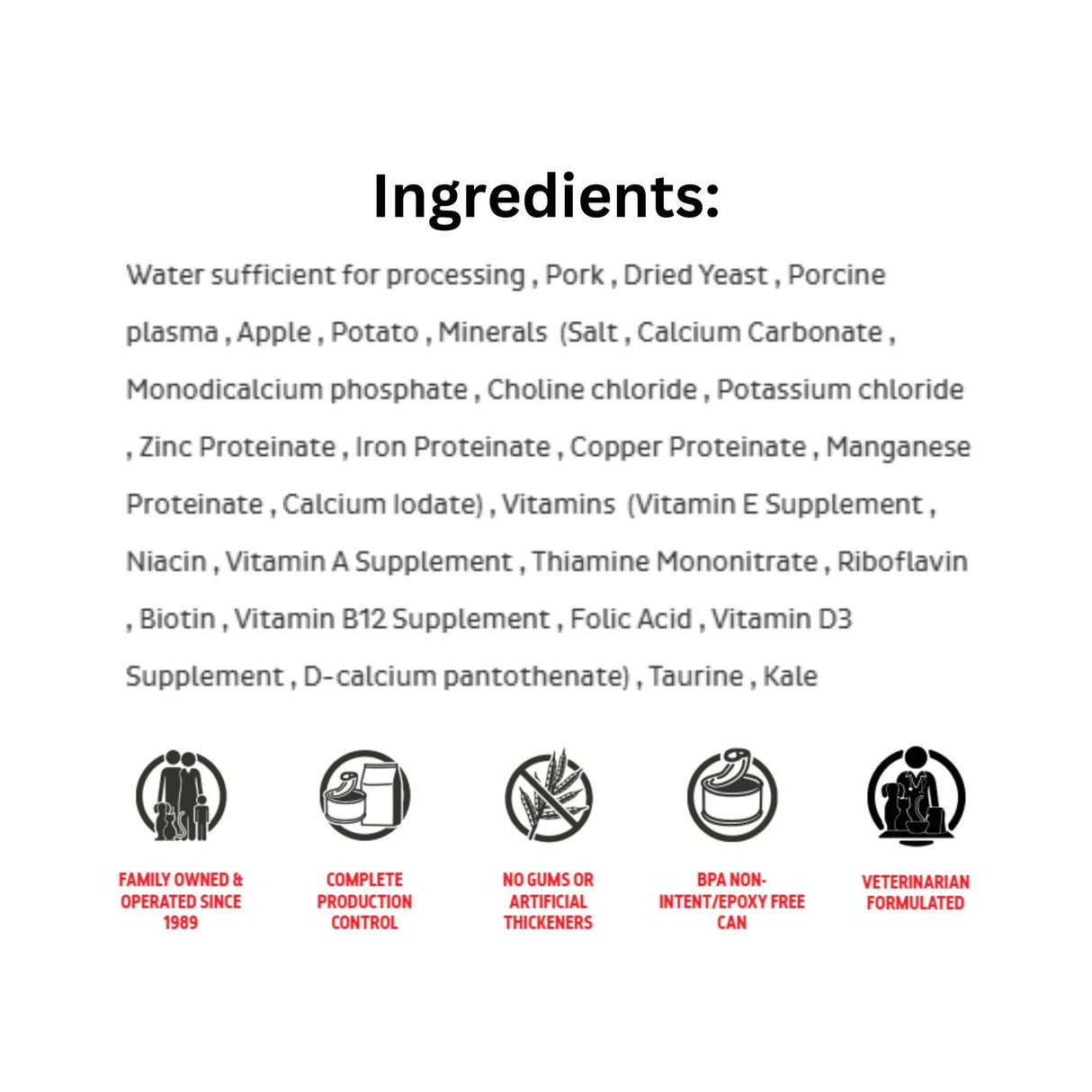 List of ingredients shown for First Mate Limited Ingredient Pork and Apple Formula Cat Food with icons