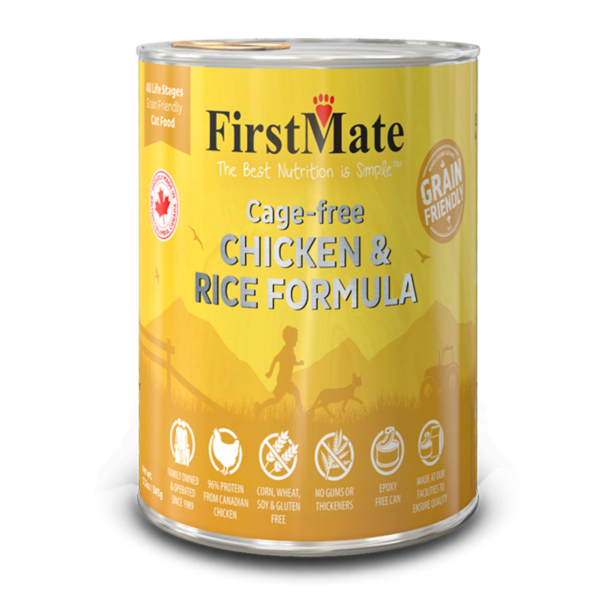 Front view of FirstMate Cage-Free Chicken & Rice Cat Food on a white background