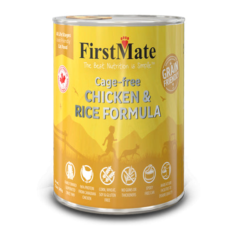 Front view of FirstMate Cage-Free Chicken & Rice Cat Food on a white background