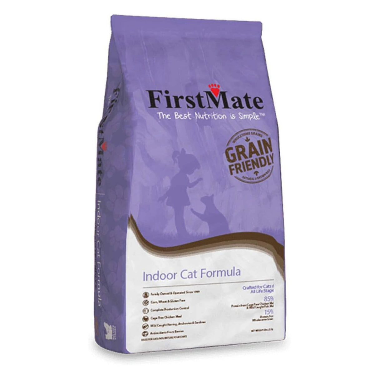 Front view of FirstMate Grain Friendly Indoor Cat Food 5lb bag on a white background