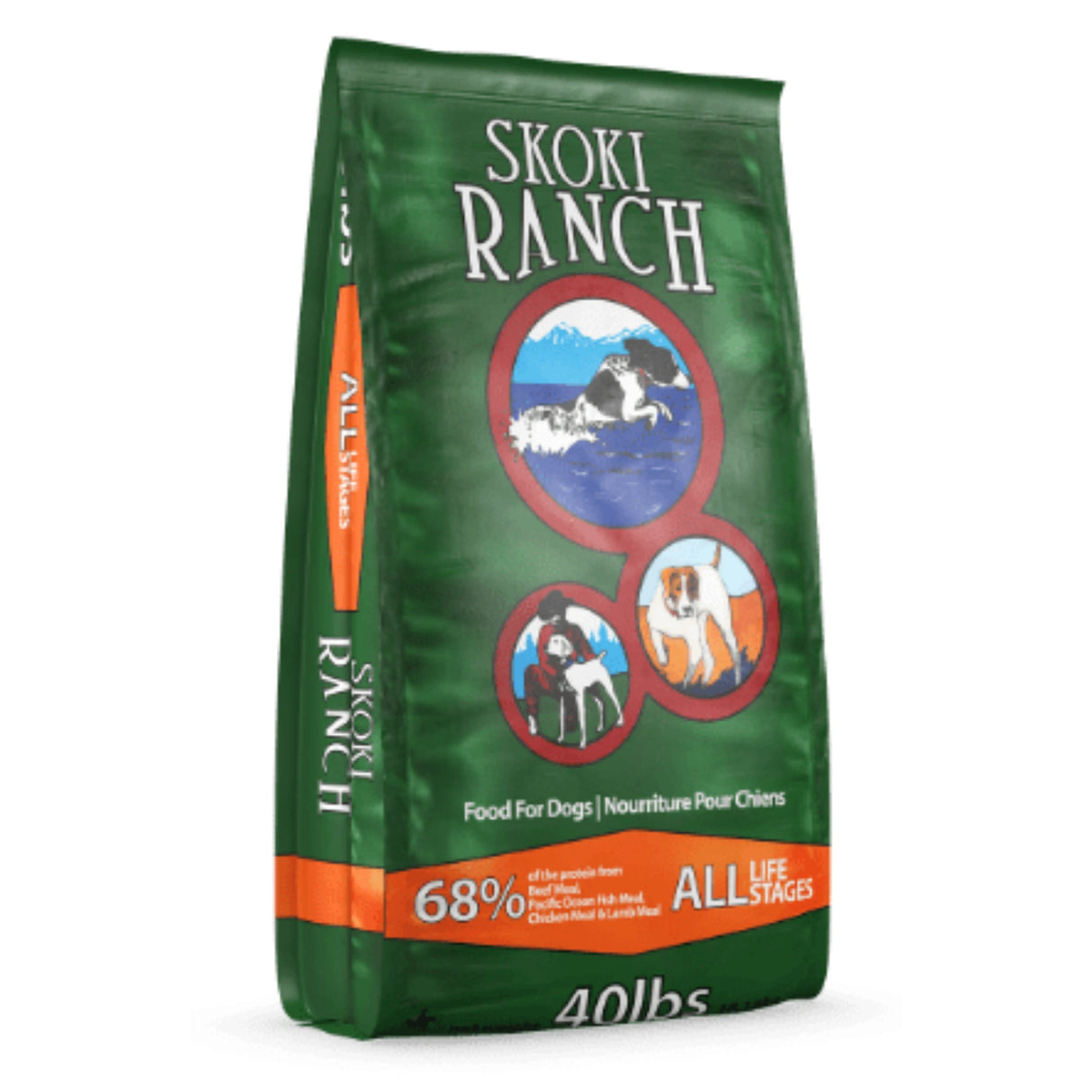 A front view of FirstMate Skoki Ranch dog food bag showing packaging and branding on a white background