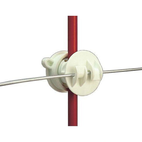 Gallagher Electric Fence Insulators Rod Post Screw-On Claw White in use on an electric fence system