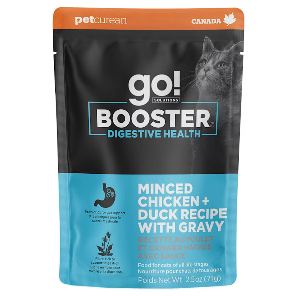A small bag of Go! Solutions Minced Chicken + Duck with Gravy Cat Food Toppers on a white background