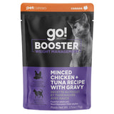 A small bag of Go! Solutions Minced Chicken + Tuna with Gravy Cat Food Toppers on a white background