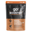 A small bag of Go! Solutions Minced Chicken + Salmon with Gravy Cat Food Toppers on a white background