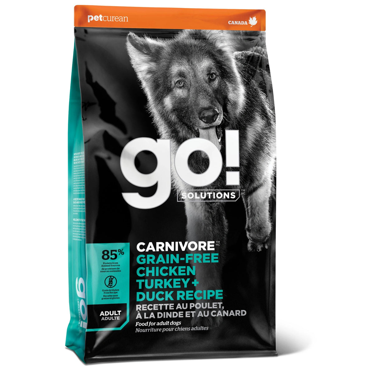 A front view of Go! Solutions Carnivore Grain-Free Chicken, Turkey and Duck Dog Food 12lb on a white background