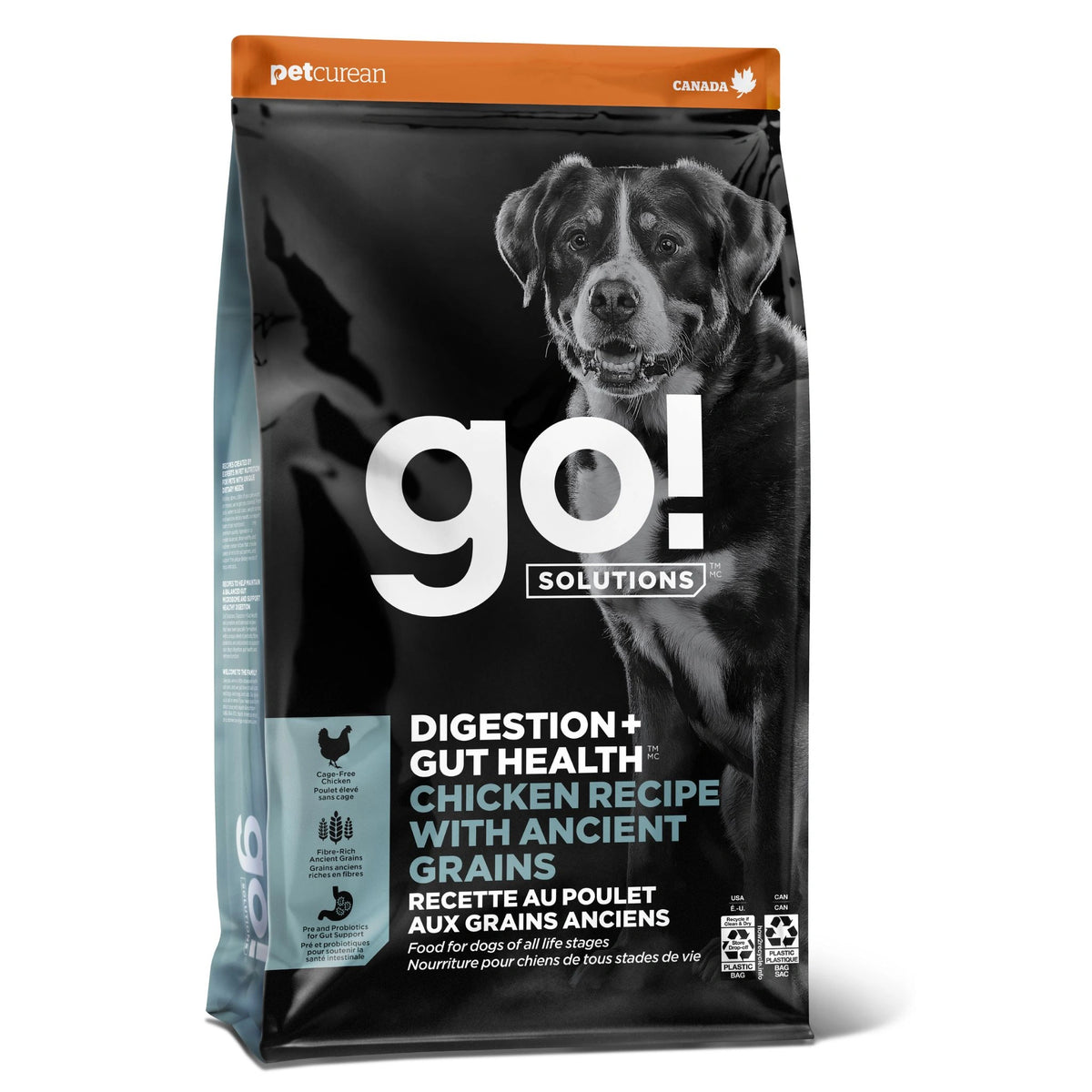 A front view of Go! Solutions Digestion + Gut Health Chicken Dry Dog Food with Grains on a white background