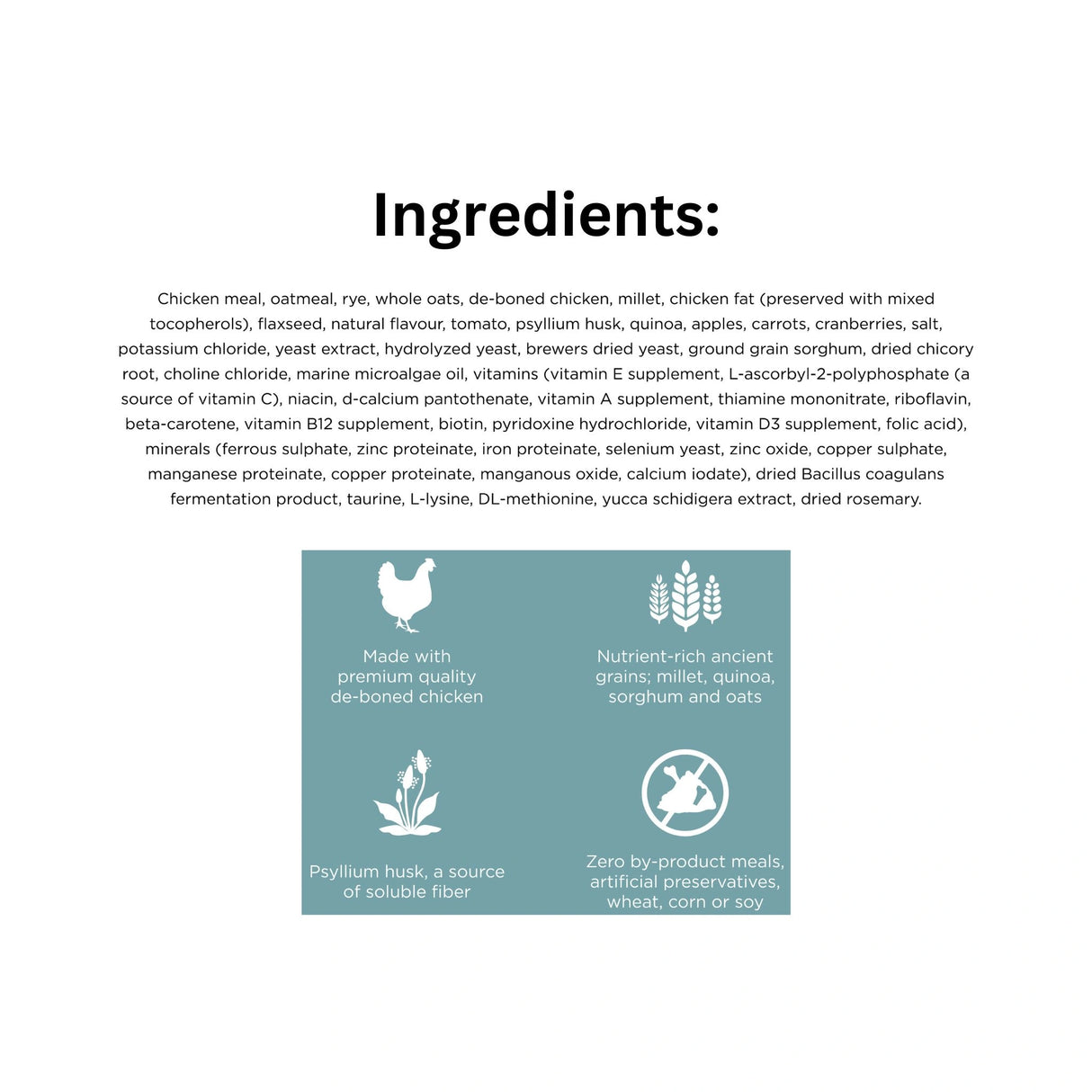 List of Ingredients of Go! Solutions Digestion + Gut Health Chicken Dry Dog Food with Grains with icons