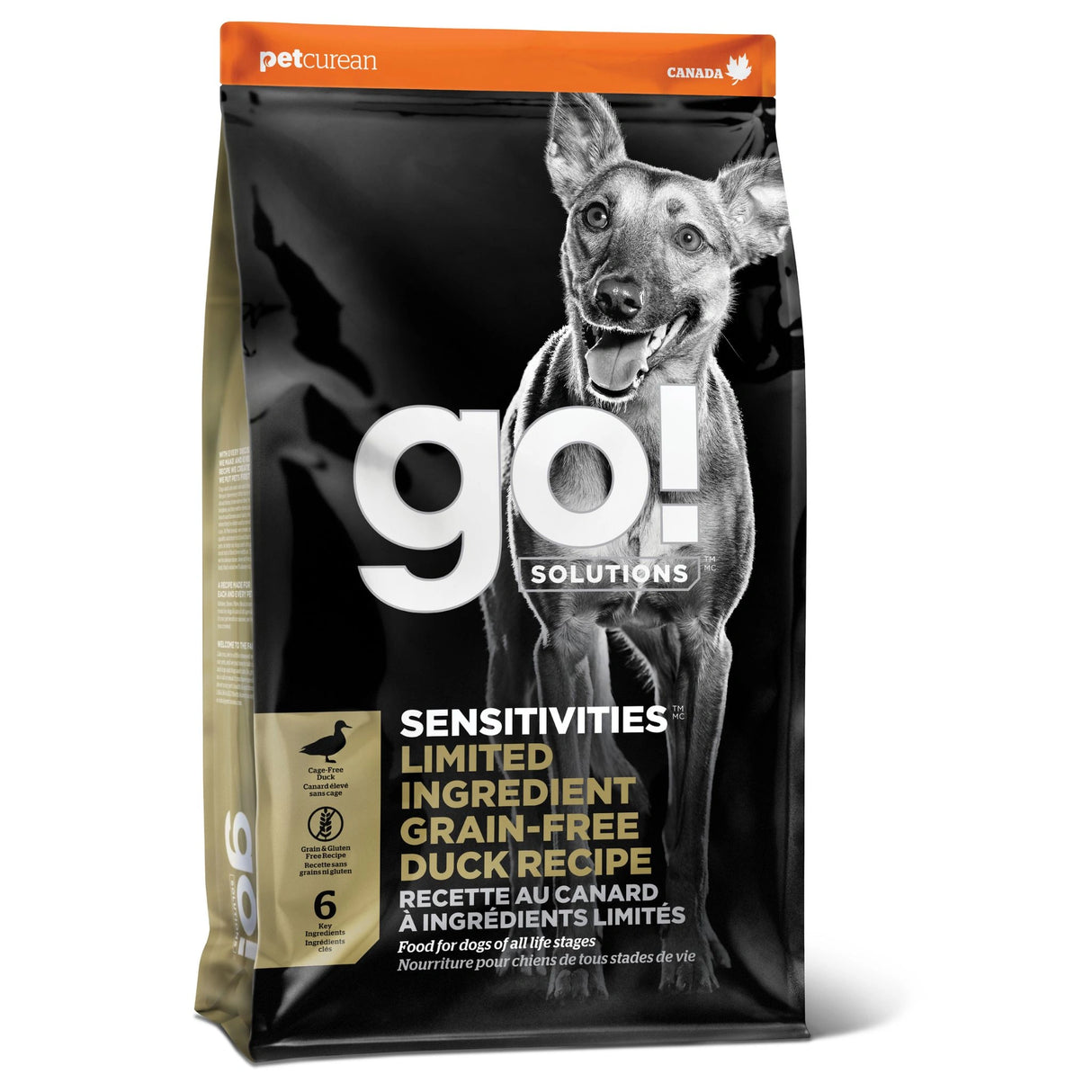 A front view of Go! Solutions Sensitivities Limited Ingredient Grain Free Duck Recipe Dog Food on a white background