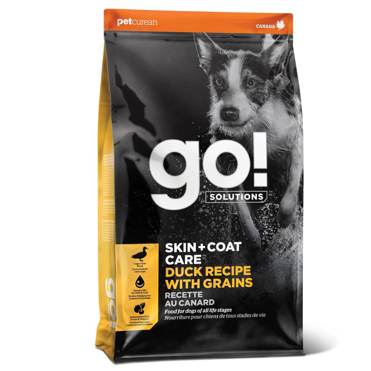 A front view of Go! Solutions Dog Food, Skin and Coat Care Duck with Grains 22lb bag