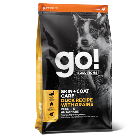 A front view of Go! Solutions Dog Food, Skin and Coat Care Duck with Grains 22lb bag
