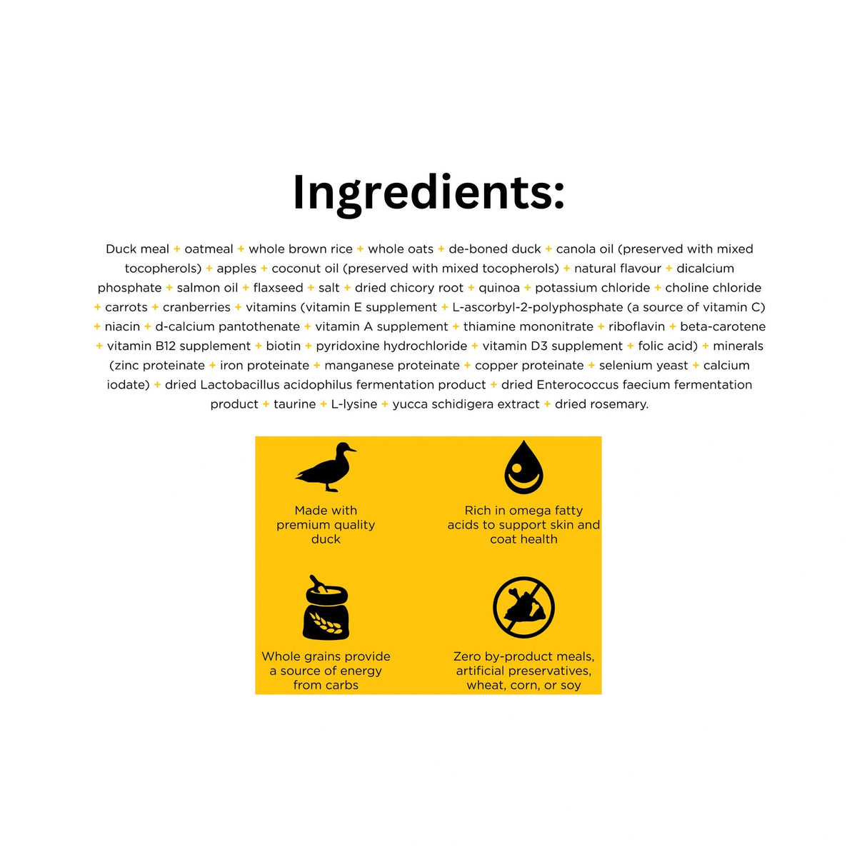 List of ingredients of Go! Solutions Dog Food, Skin and Coat Care Duck with Grains with icons