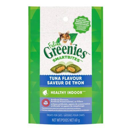 Front view of Greenies Smartbites Healthy Indoor Tuna Cat Treats on a white background
