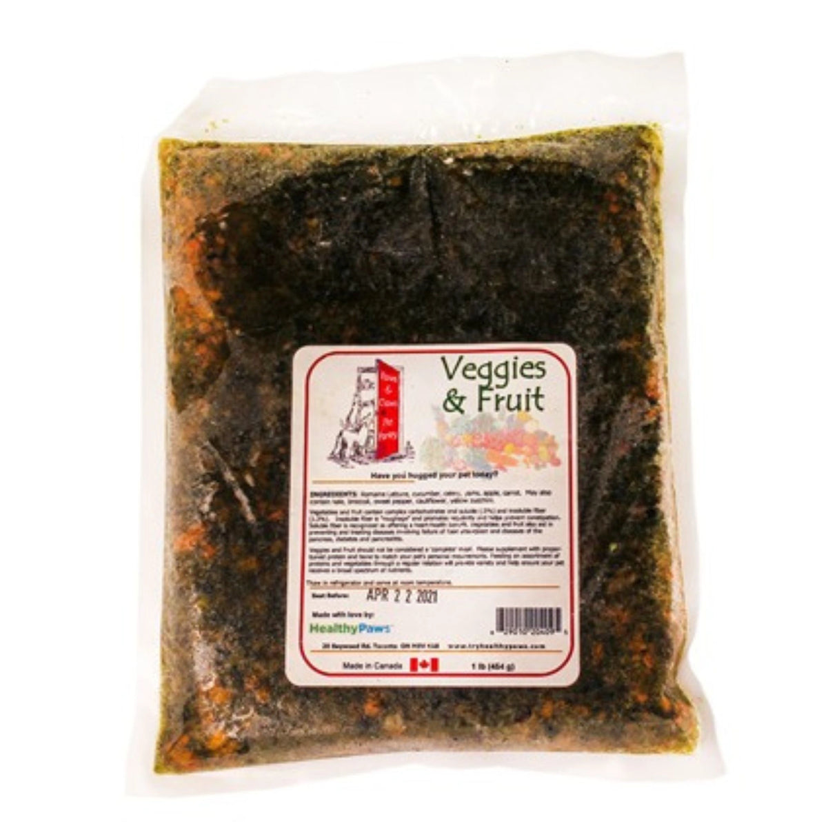 A front view of Healthy Paws Minced Green Vegetable and Fruit Blend Pet Food on a white background