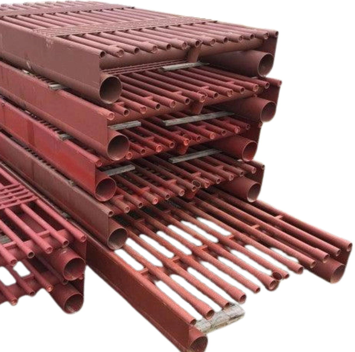 A front view of heavy duty cattle guard fence panel with running strips and posts on a white background