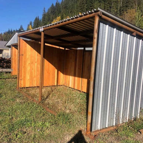 Close-up view of Score Construction Customized Horse Shelter 8x16 in the outdoors of Kamloops, British Colombia
