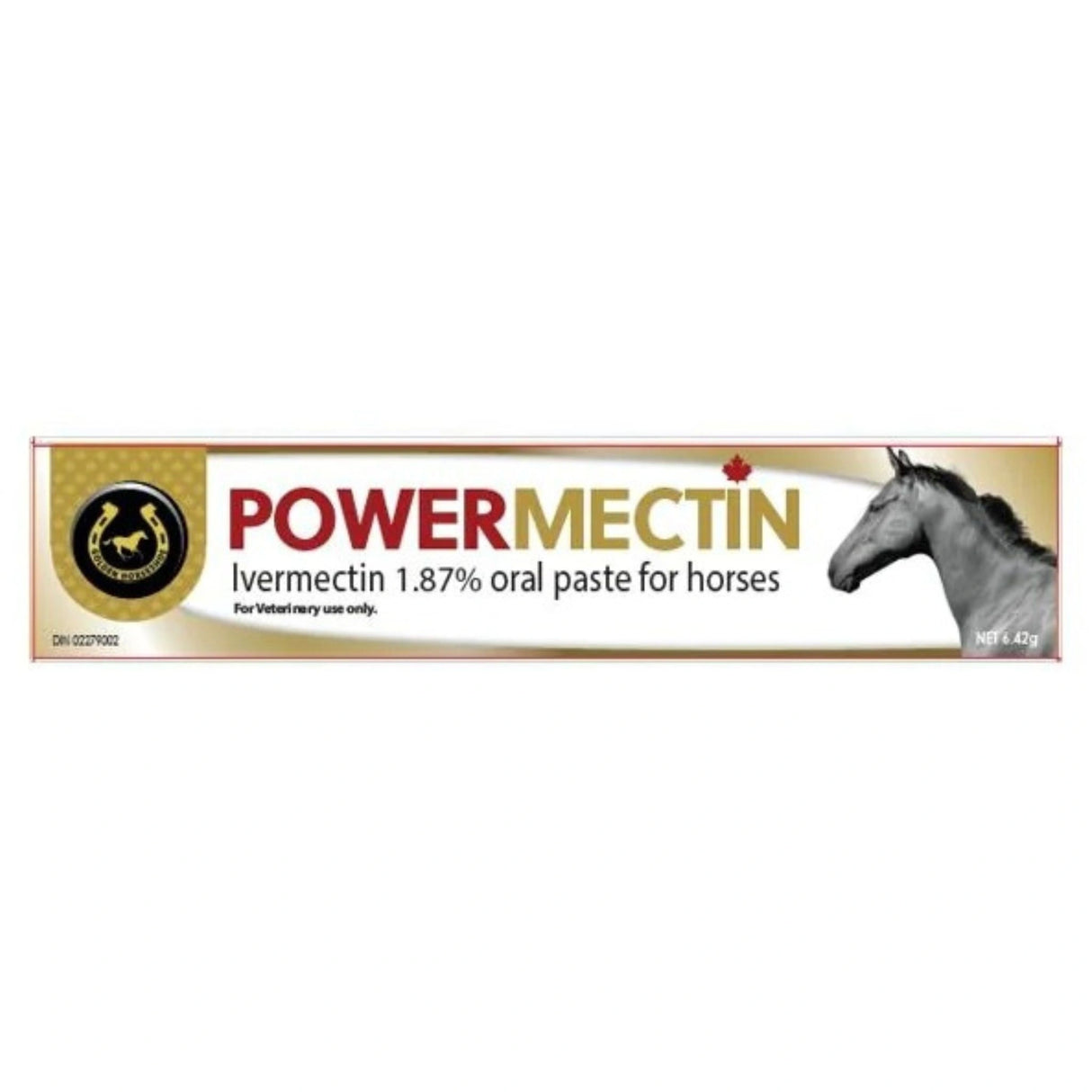A front view of Golden Horseshoe Horse Wormer Ivermectin Paste 6.42 grams Powermectin on a white background