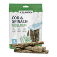 Front view of Icelandic combo sticks cod and spinach dog treats on a white background