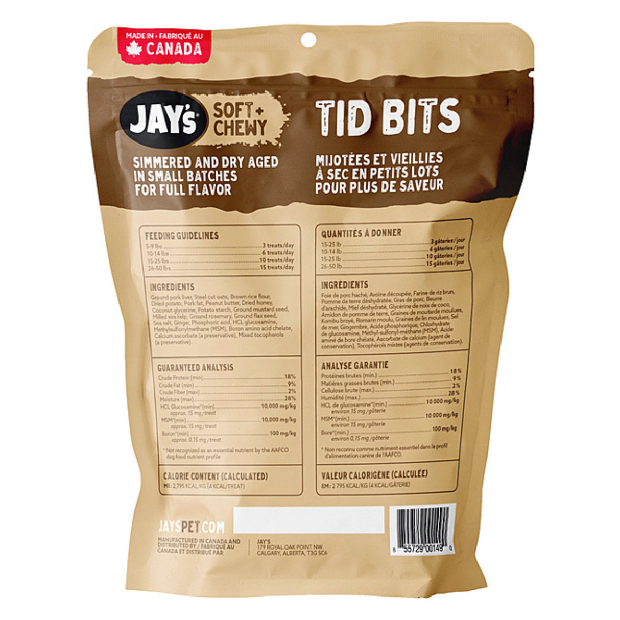 Back view of Jay's Tid Bits Hip and Joint Peanut Butter Dog Treats showing label and packaging details on a white background