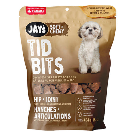 Front view of Jay's Dog Treats Tid Bits Hip and Joint Peanut Butter on a white background