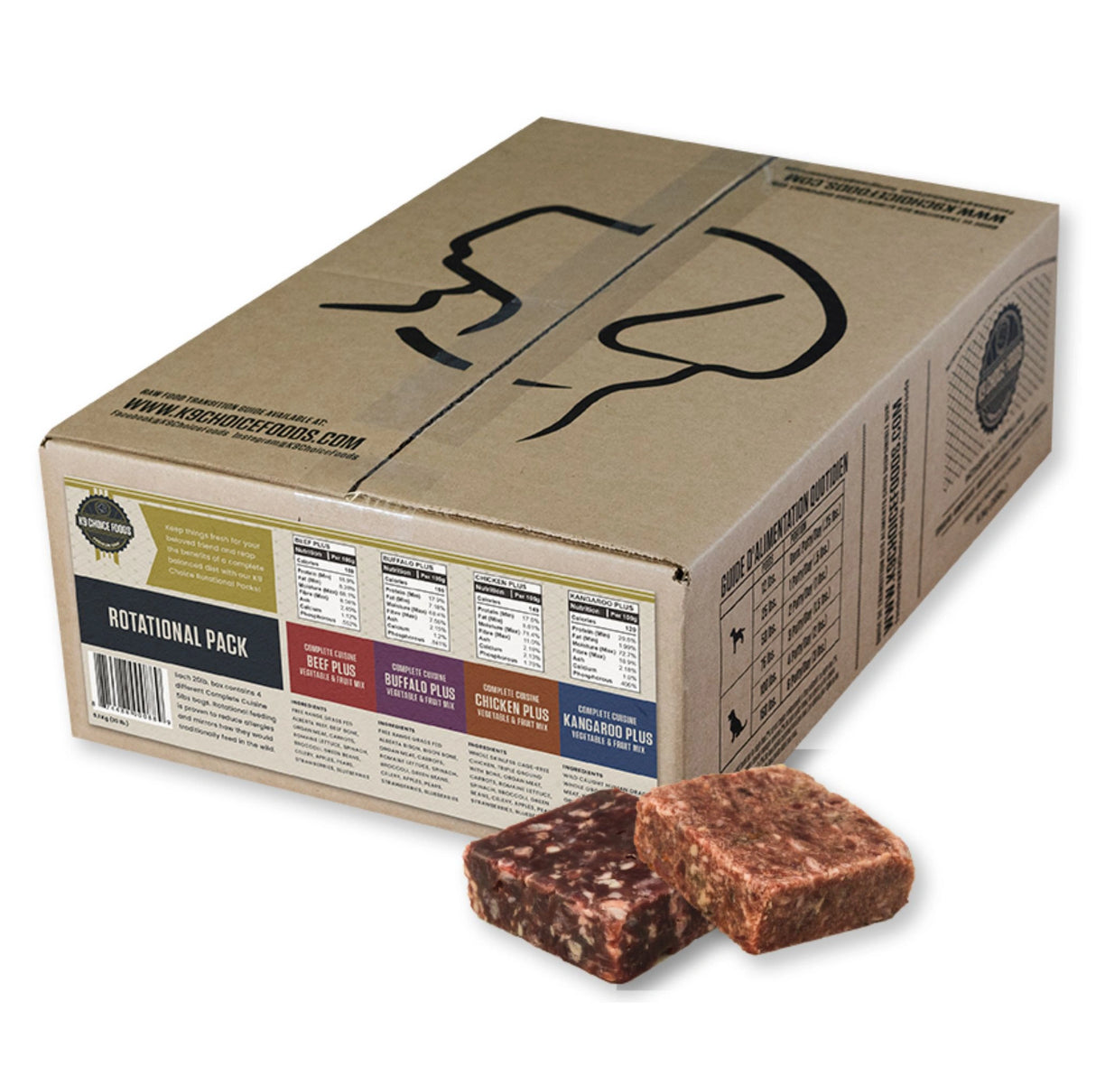 Front view of K9 Choice Complete Cuisine Frozen 20lb Rotational Pack Dog Food on a white background