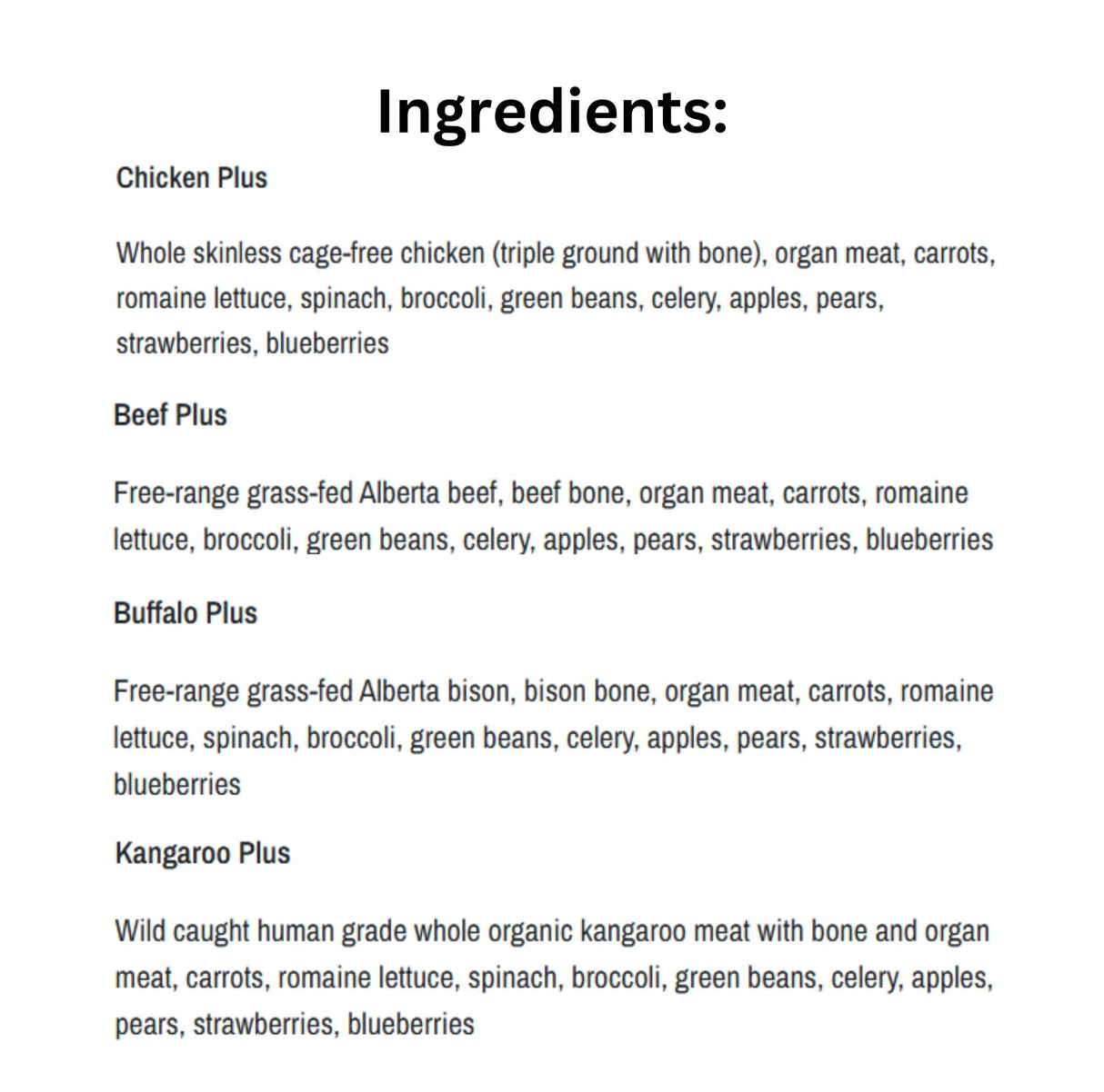 Ingredients of K9 Choice Complete Cuisine Frozen Dog Food 20lb pack